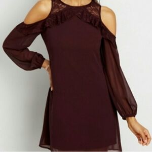 EUC Maurices Burgundy Size Small Cold Shoulder Lace Top Lined Party Dress